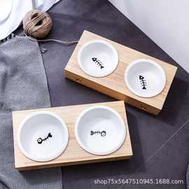 竹子猫碗 陶瓷宠物碗 陶瓷猫碗 实木宠物餐桌 饮水狗碗不锈钢竹架