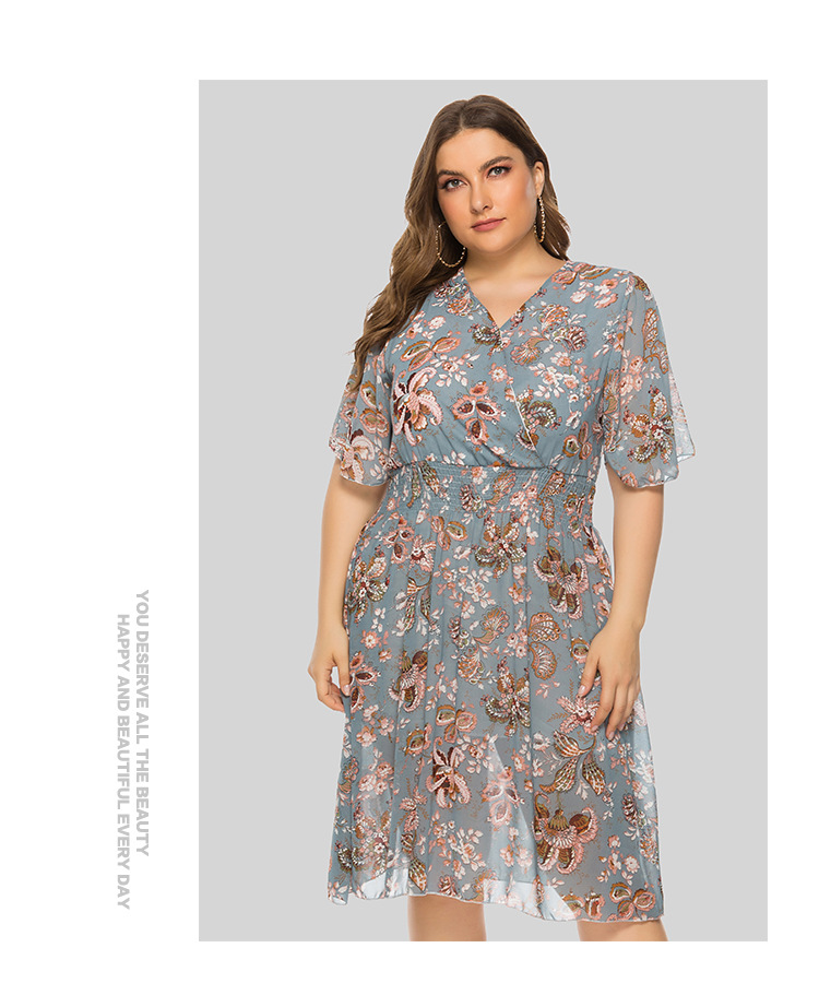 plus size fashion printed mesh stitching flying sleeve dress  NSJR39460