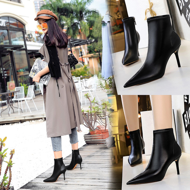 European and American fashion simple thin boots thin heels high heels pointed sexy nightclubs show thin short boots and 