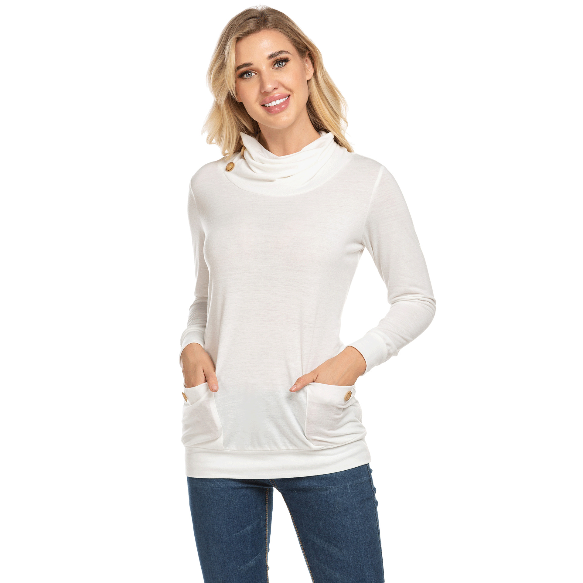 亚马逊ebay秋冬爆款套头衫休闲女士堆领针织T恤长袖上衣口袋卫衣