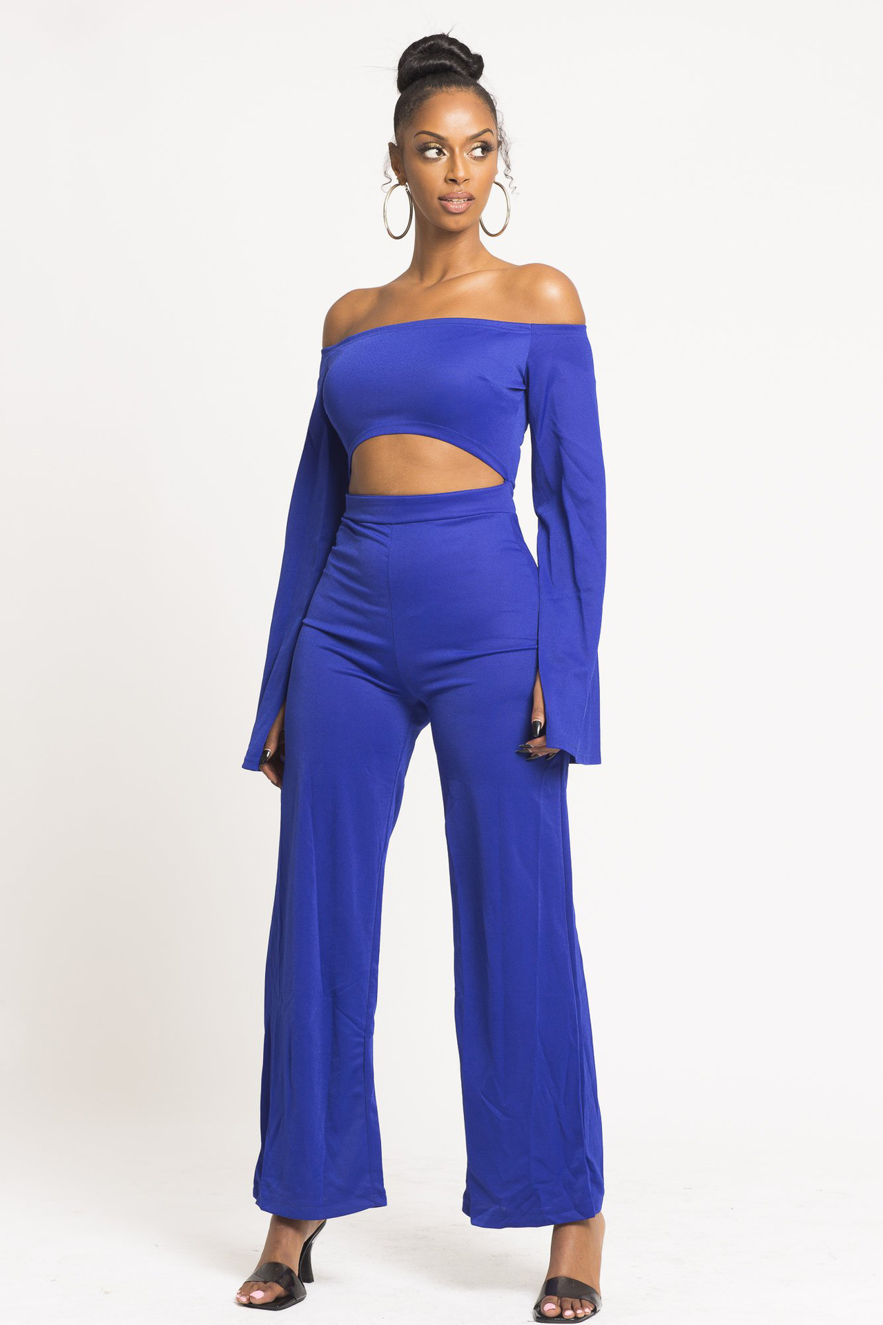 Boutique Casual Solid Color Long Sleeves Cropped off Shoulder Jumpsuit