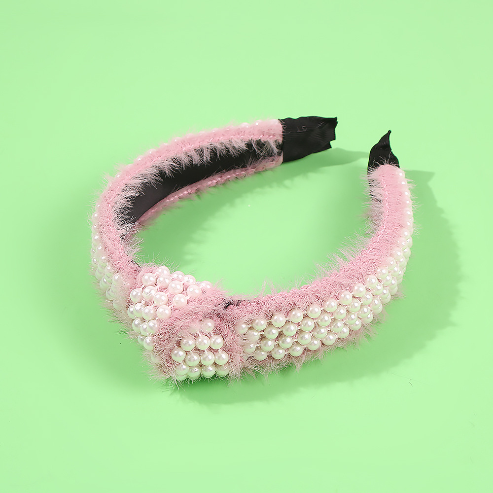 Women's Broad-knit Mink Hair Trendy Hoop With Pearl Knotting Solid Color Knitted Hair Accessories display picture 8