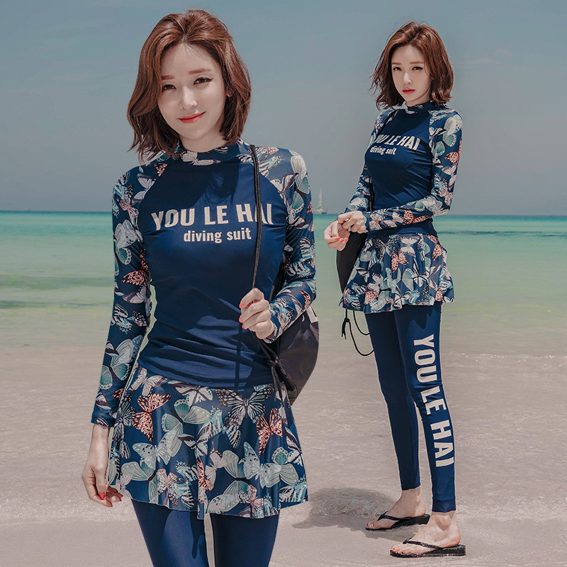 潜水服女分体韩国紧身水母浮潜服长袖冲浪套装泳衣学生温泉漂流衣