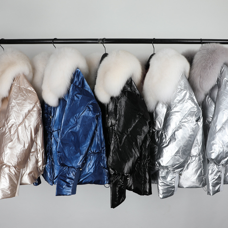 2023 Fox Fur Collar Short Down Jacket Winter New Korean Loose Slimming Bright Patent Leather Black Outer 640#