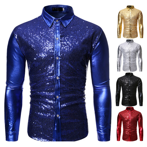 Silver gold  blue red jazz dance shirts for men youth Paragraph clubwear choir host singers groomsmen dress suit shirt young man glitter bronzing dancing dress shirt