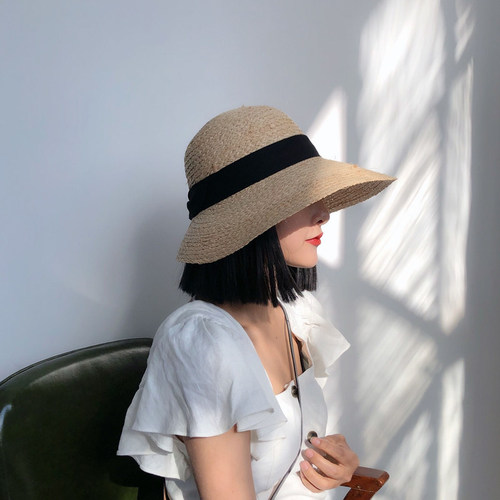 Spring and Summer New Lafite Grass After along Butterfly Knot Straw Hat for Women, Foldable Beach Sun Hat, Large Brim Sunshade Fisherman's Bucket Hat