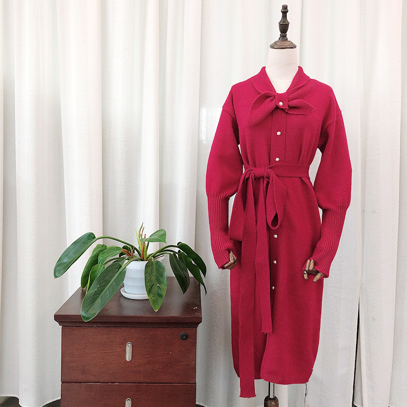 2020 New Year's Big Red Dress Knitted Sweater Dress Wool Lace-up Pearl Button Radish Sleeve Long Dress for Women 2020 New Year's Big Red Dress Knitted Sweater Dress Wool Lace-up Pearl Button Radish Sleeve Long Dress for Women