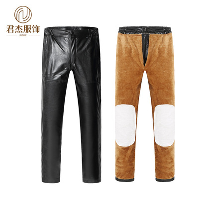 Autumn and winter Middle and old age Leather pants dad elastic Plush thickening locomotive Knee pads keep warm Windbreak zipper The legs