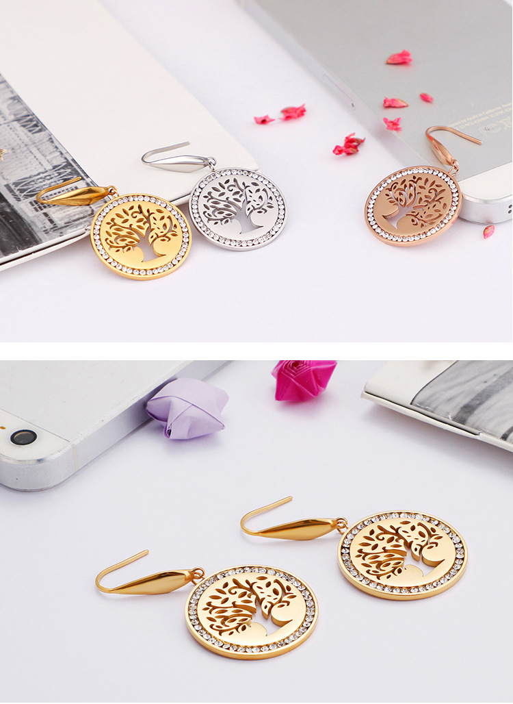 New Round Diamond Tree Of Life Stainless Steel Earrings Wholesale Nihaojewelry display picture 2