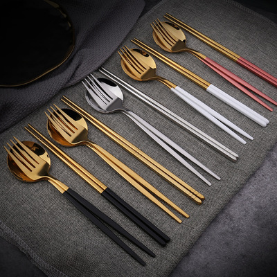 Portugal student tableware Spoon fork Three student Portable suit travel golden Stainless steel spoon Two