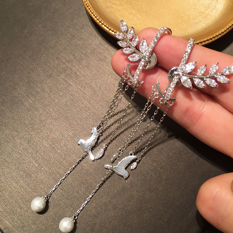 S925 Silver Needle Wheat Earrings Long Fringed Seagull Front And Rear Dual-use Earrings Super Fairy Creative Sweet Earrings display picture 7