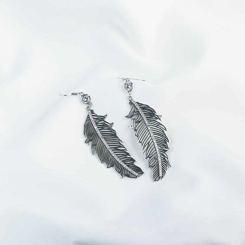 

s925 sterling silver feather earrings female retro personality korean temperament goddess fan earrings long exotic foreign trade
