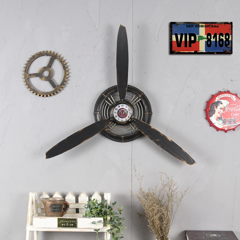 美式乡村复古铁艺工业风飞机螺旋桨挂钟酒吧餐厅墙面亚马逊装饰品