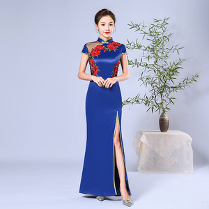 Royal blue with red flowers Chinese dress sexy stage catwalk show hostess etiquette wear Chinese wind long sleeve oriental retro cheongsam qipao
