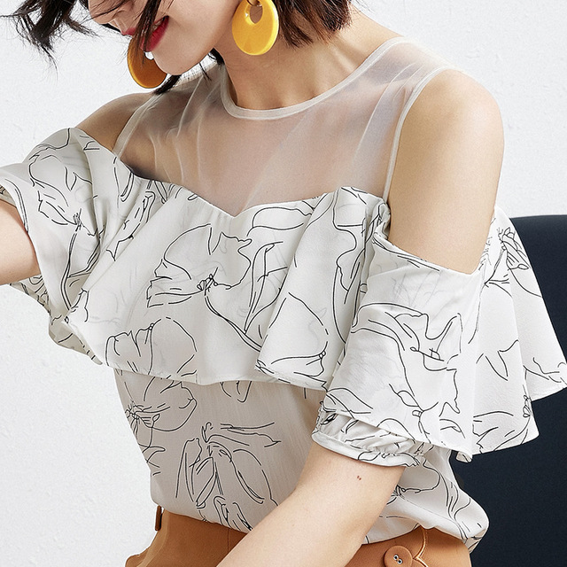 Perspective New Summer Lotus Edge Screen Printed Chiffon Blouse