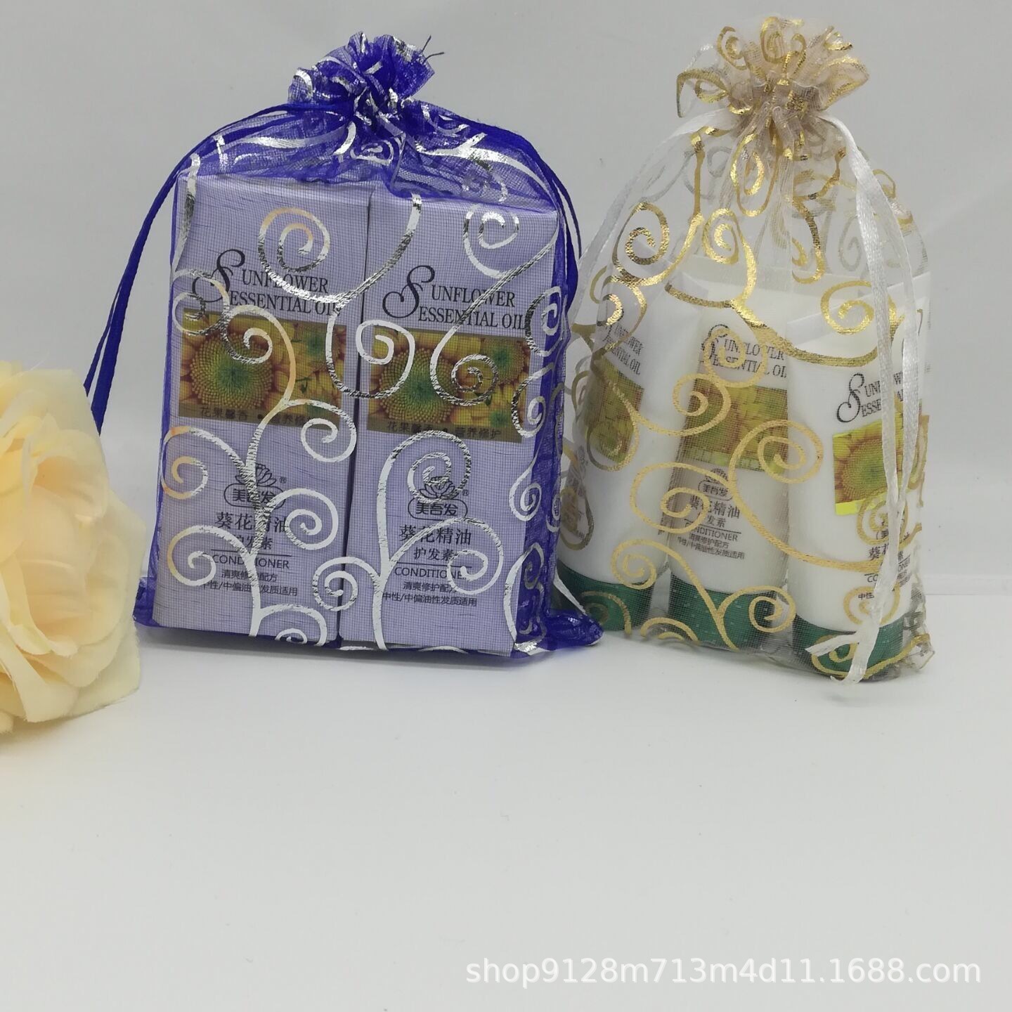 现货各种尺寸烫金烫银藤蔓纱袋缎带礼品袋/蓝滕/粉腾雪纱包装袋