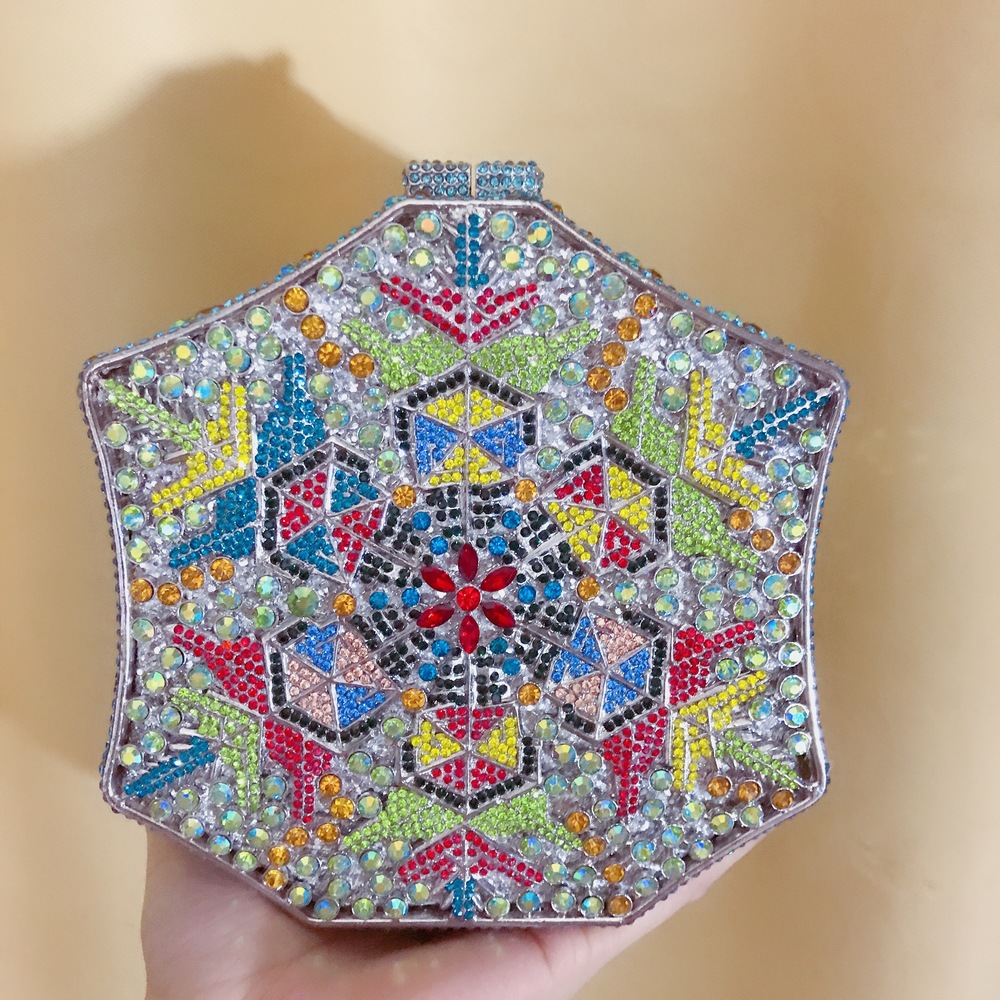 Túi clutch nữ đính pha lê kim cương bông tuyết, thiết kế hợp kim rỗng, làm bằng tay — Màu tím, Màu xanh lam, Ảnh tùy chỉnh được Cá nhân hóa, Màu đỏ hoa hồng chi tiết 31