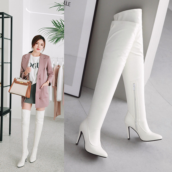Sexy pointed knee high boots women’s high heelsside zipper elastic boots
