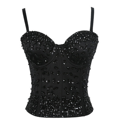 Women's Diamond bling jazz dance bra tops corset pin bead sequin waist strap stereo with breast pad small women vest female fashion