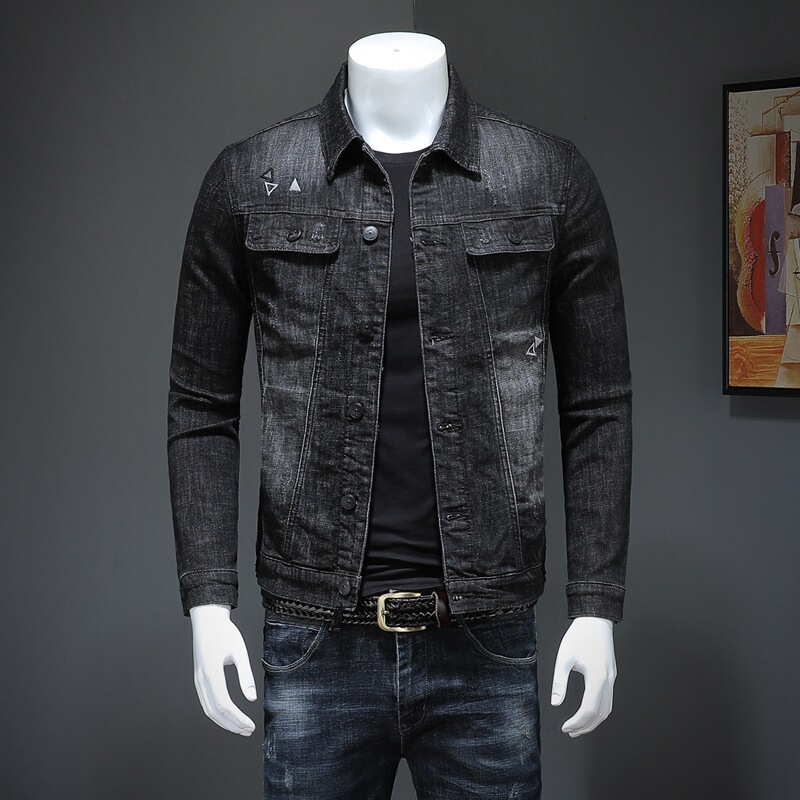 Boutique Black Embroidered Denim Jacket Men's Elastic Slim Fit Physical Store Large Size Future Sky Denim Jacket for Men