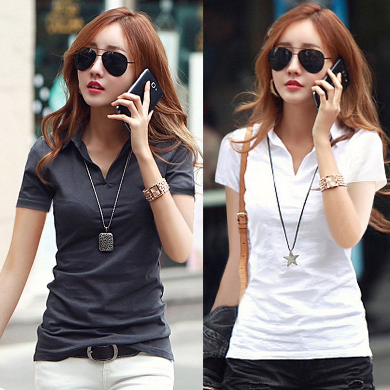 T-shirt with collar women's short sleeve women's summer wear lapel casual polo shirt slim fit V-neck half sleeve top wholesale