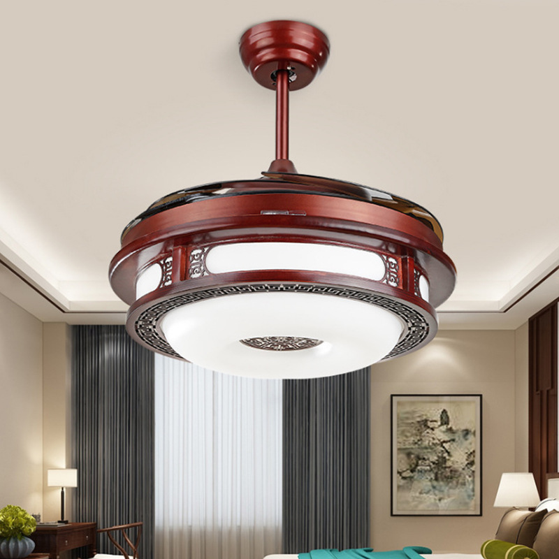 中式風扇燈餐廳隱形吊扇燈沙比利木藝複古吊扇燈客廳燈帶風扇吊燈