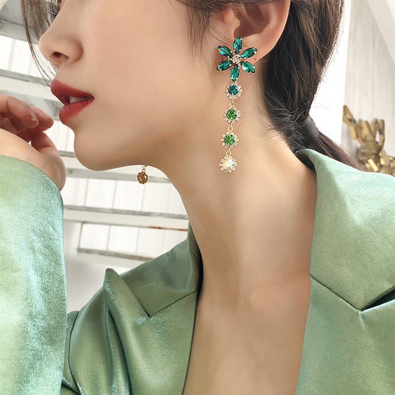 925 Silver Needle Summer Beach Vacation Green Crystal Flower Earrings Women's Long Temperament Earrings Personality Exaggerated Earrings