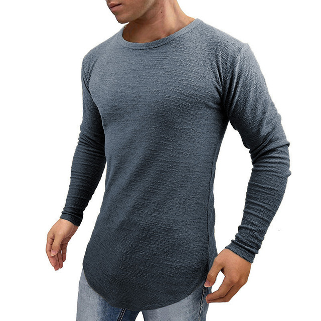 Men’s slim long sleeve top round neck arc hem long sleeve T-shirt