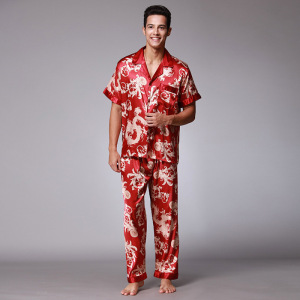 爆款纺真丝男士睡衣春夏季两件套装龙袍纹理短袖长裤家居服TZ033