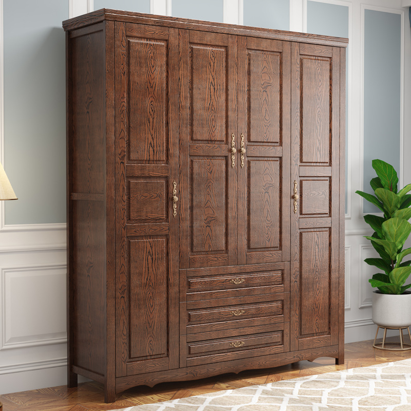 美式实木衣柜橡木头制原简易组装 全家用大卧室纯挂杆户型四5六门|ms