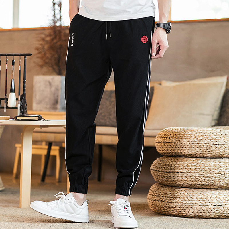 青年简约时尚侧边条纹薄款休闲运动裤 新款男式宽松型长款铅笔裤