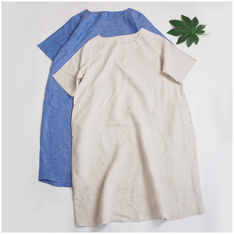 客供好面料 色织纯亚麻条纹短袖连衣裙 好货推荐 售完无补