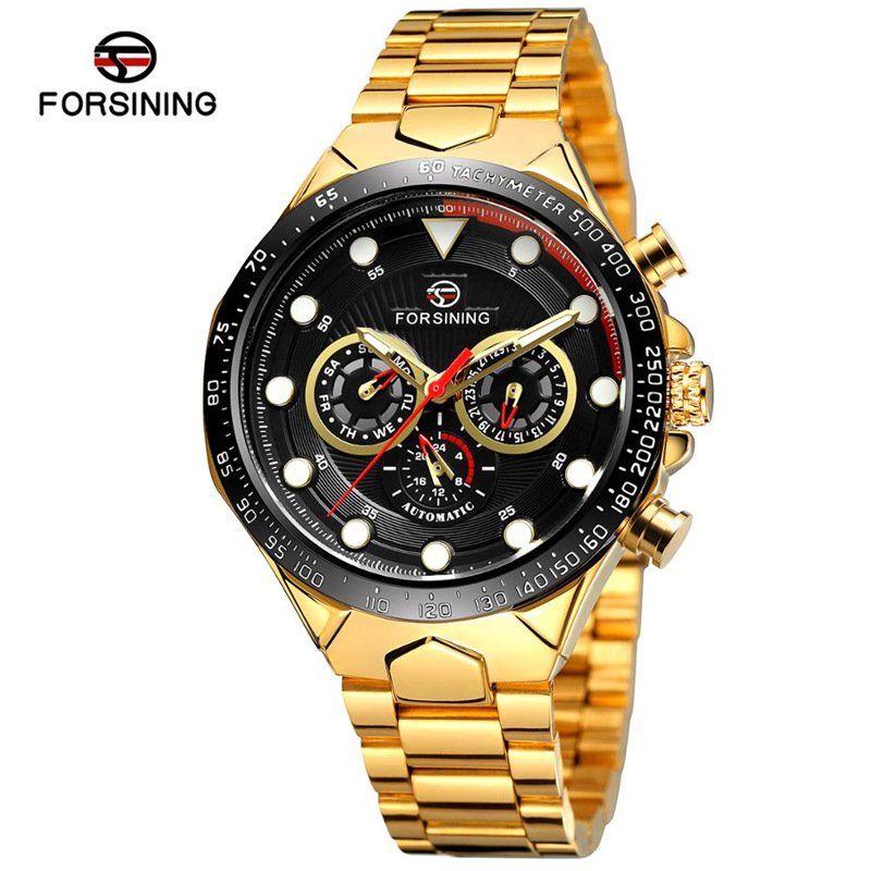 FORSINING fusini hombres moda correa de acero reloj mecánico automático reloj impermeable luminoso de seis pines 432