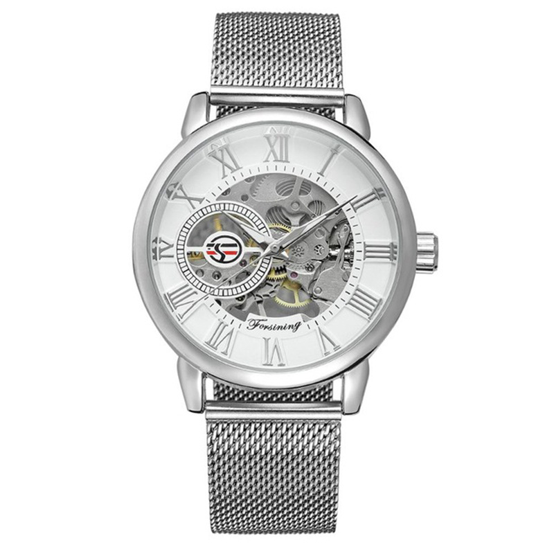 Forsining Fusini reloj mecánico manual para hombre Golden Hollow-out transparente inferior Milan metal malla Correa reloj 099