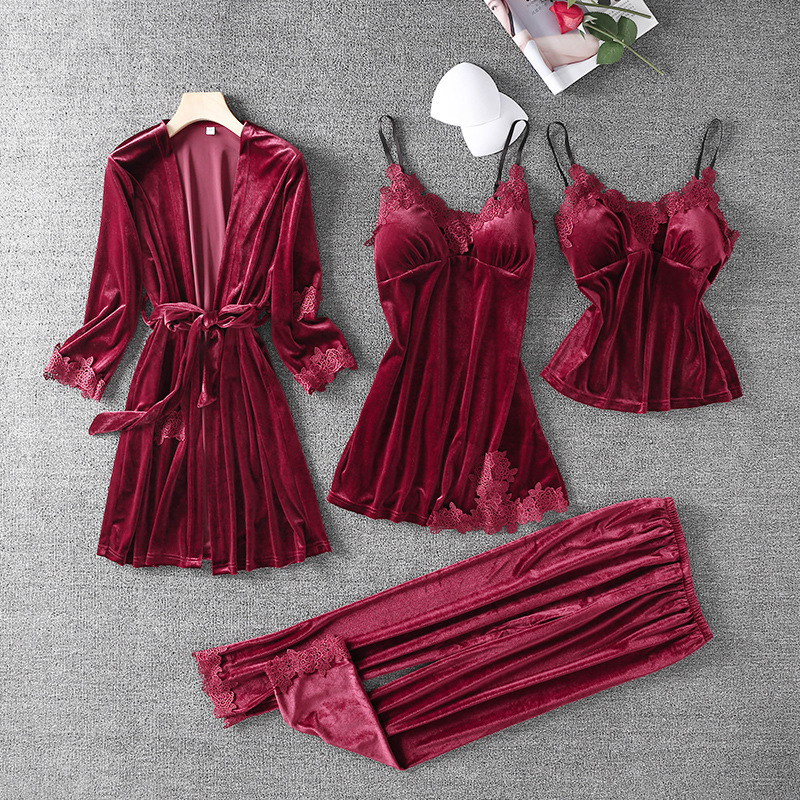 Processing custom gold velvet pajamas women's water-soluble flower four-piece set autumn and winter can be worn outside sexy lace home clothes