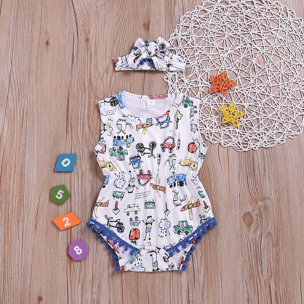 Children's Clothing Cartoon Car Newborn Clothes Romper Turban Two-piece Suit display picture 2