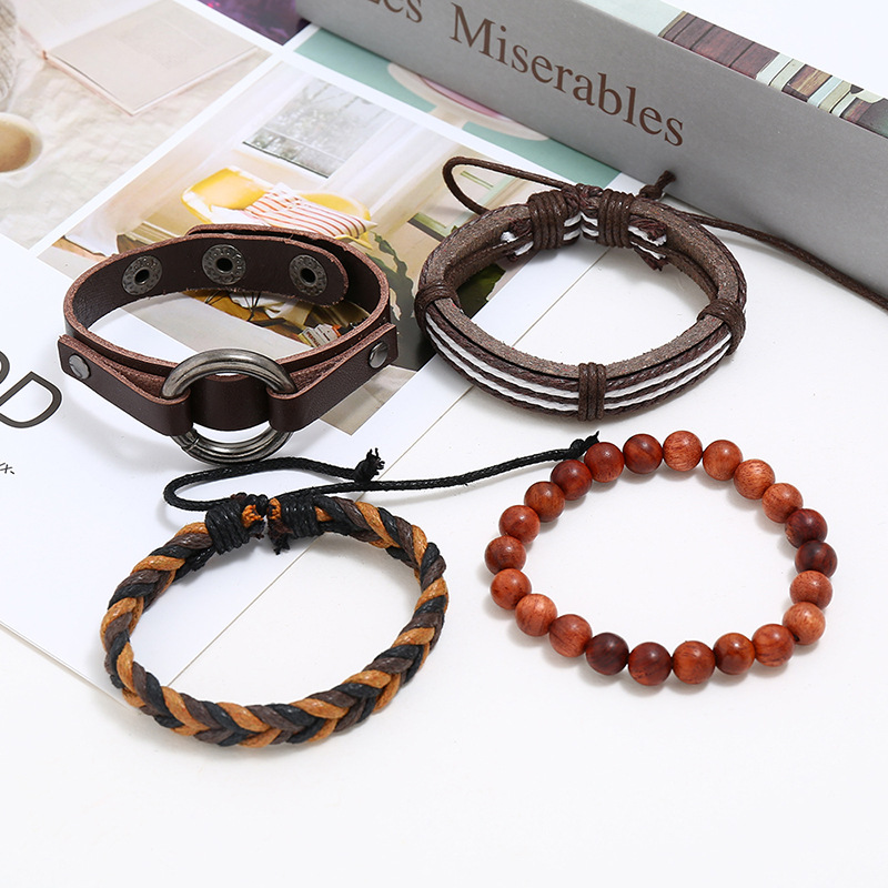 Fashion Geometric Pu Leather Wooden Beads Hemp Rope Set Bracelet Braid Men's Bracelets display picture 3