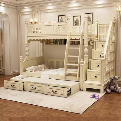 美式樱桃全实木儿童房高低子母上下双层组合高架楼阁床成人|ru
