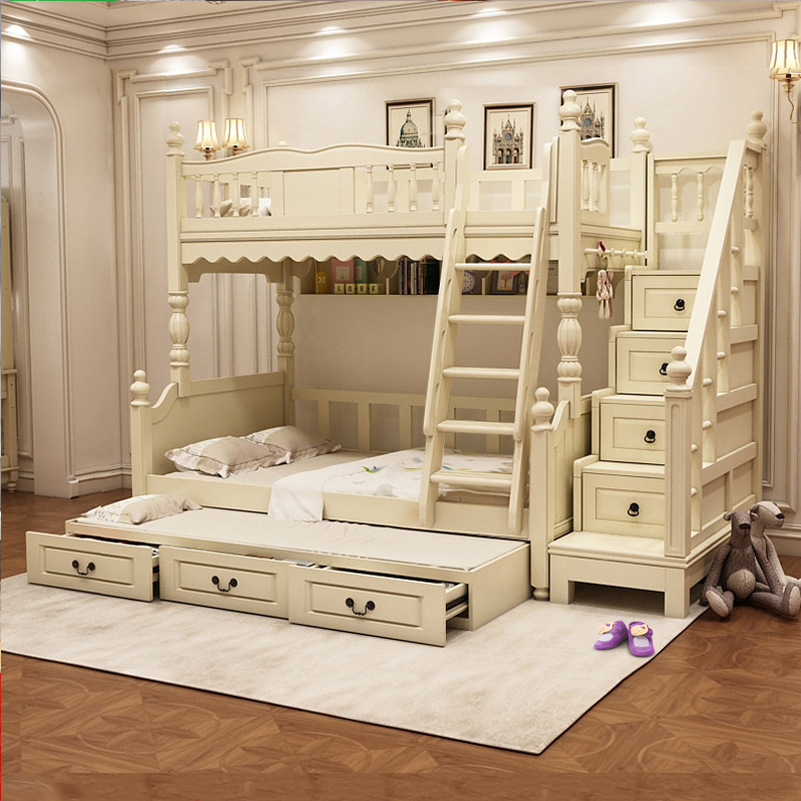 美式樱桃全实木儿童房高低子母上下双层组合高架楼阁床成人|ru