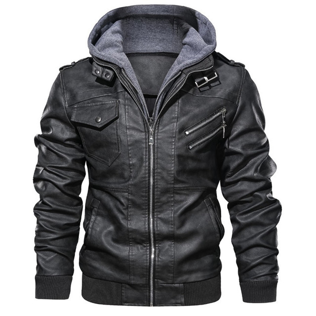 Men’s hooded leather jacket with plush and thickened jacket