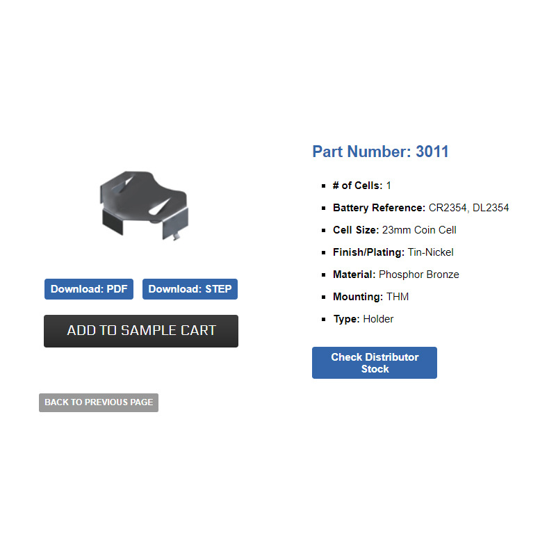 KEYSTONE ELECTRONICS 3011五金弹片 CR2354 DL2354 纽扣电池弹片