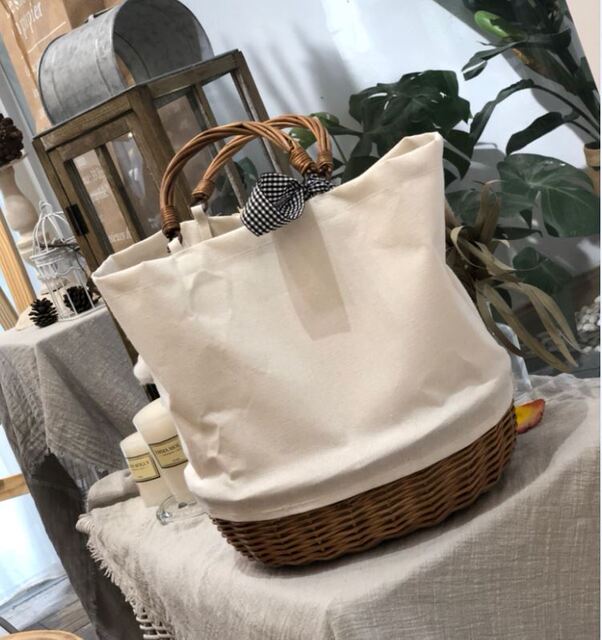 straw knitted canvas stitching knitting bag handheld rattan knitted canvas bag lady BAG canvas bag