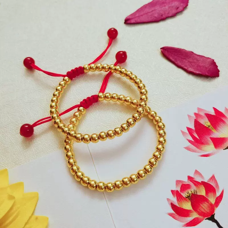 3D硬金足金999光珠手链黄金满月礼硬金光珠宝宝手绳红绳路路通