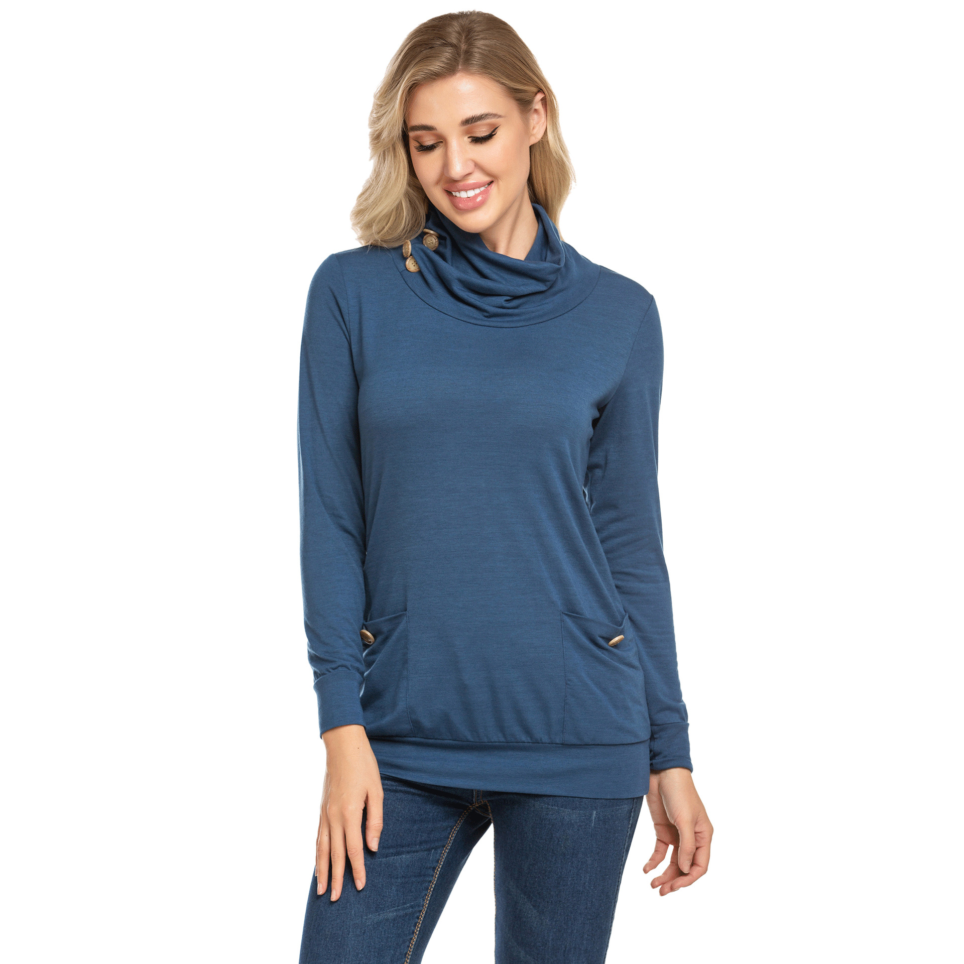 亚马逊ebay秋冬爆款套头衫休闲女士堆领针织T恤长袖上衣口袋卫衣