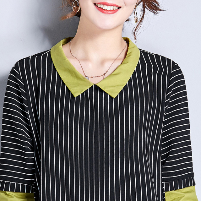 Colour-Coloured Spliced Stripe Shirt Front Short Back Long Blouse 