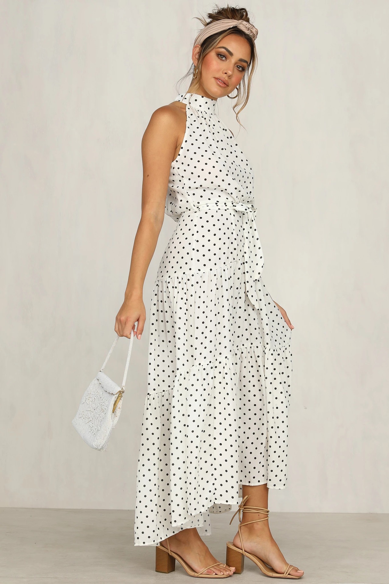 summer new women s polka dot round neck mid-waist sleeveless ruffled flounce dress NSYD3859