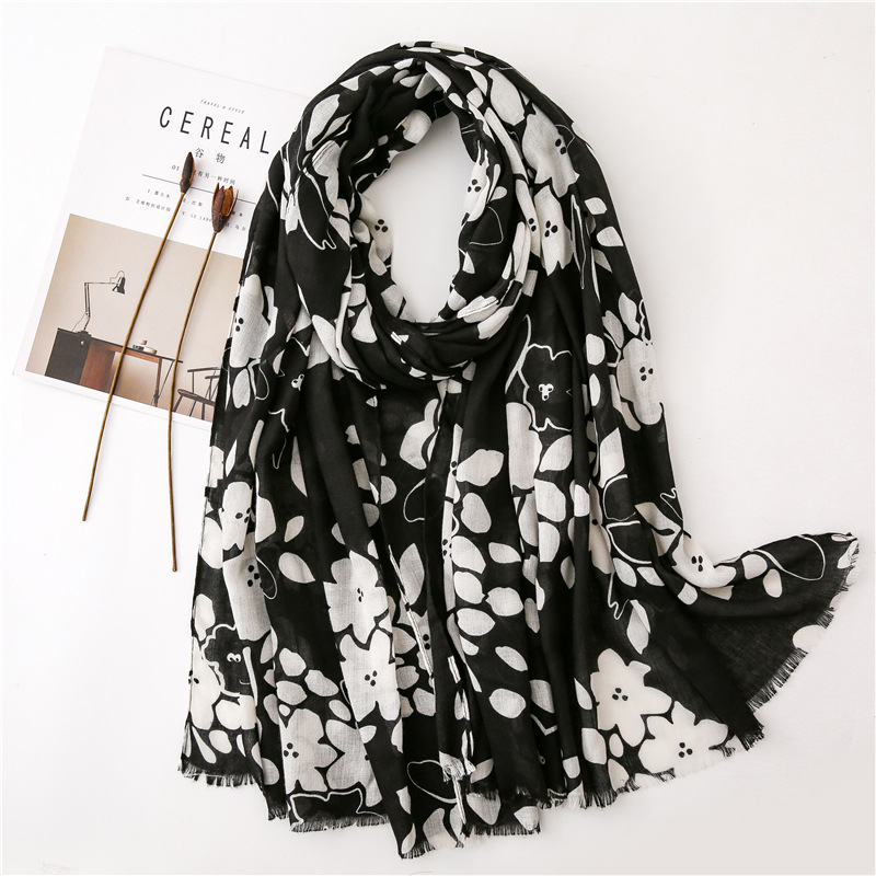 200g Weight Flower Pattern Women'S Gender Sweet Style Black And White Printed Cotton And Linen Scarf Sunscreen Scarf Silk Scarf Long Shawl 3