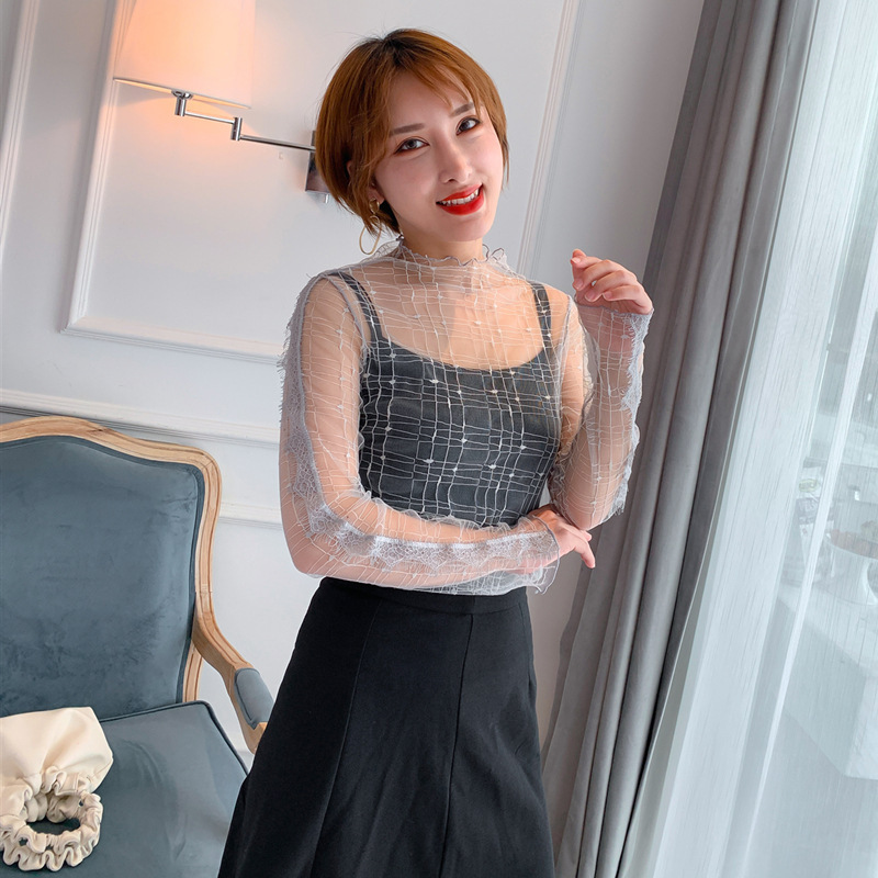 Korean Style New Mesh Perspective Base Shirt Women's Mesh Lace Sexy Mesh Top Pullover Long Sleeve Lace Shirt