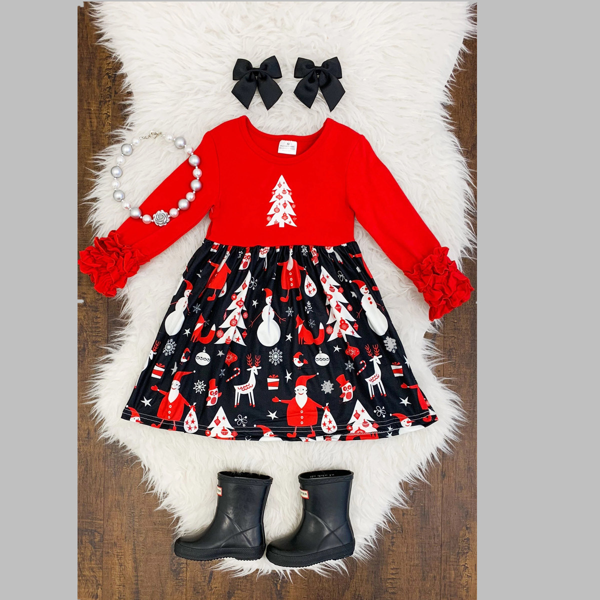 外贸女童连衣裙套装  圣诞树连衣裙拼色长袖冬款裙衣