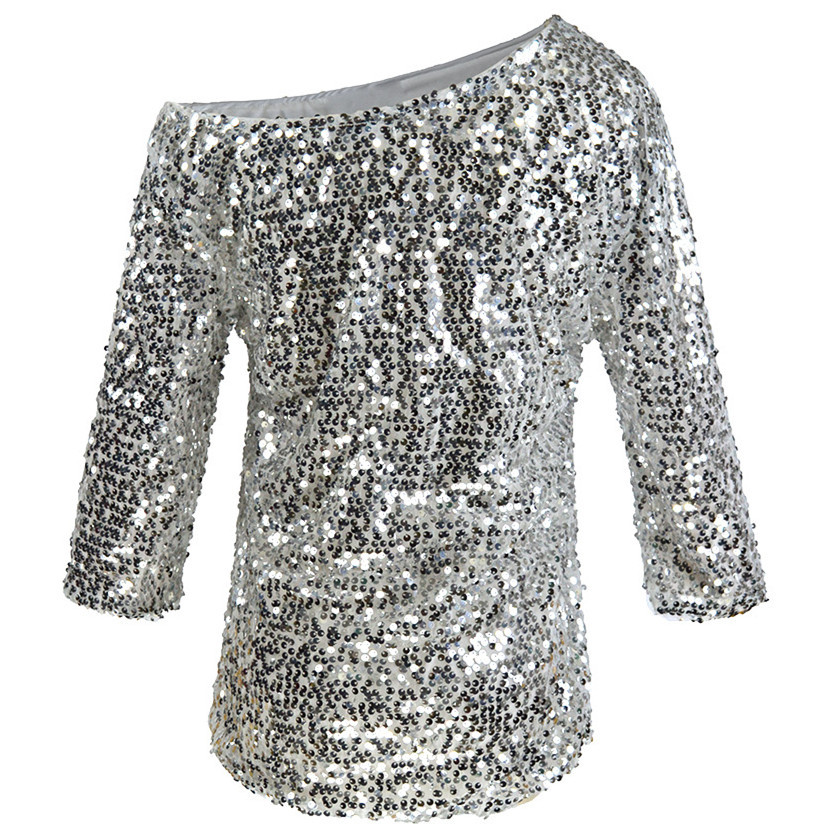 wholesale women s clothing Nihaostyles solid color sequins slanted shoulder mid-sleeve shirt NSYSM67006